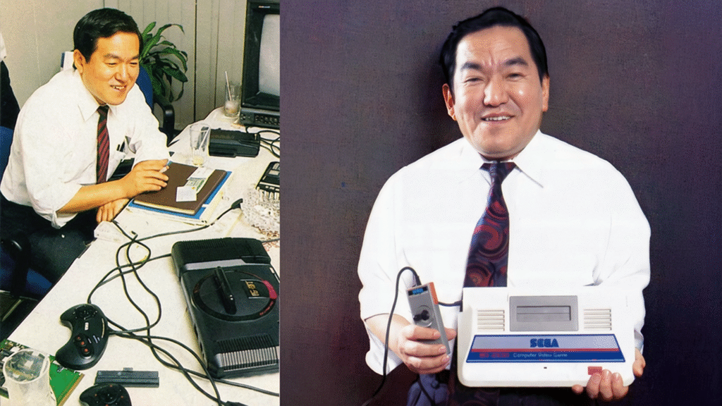 Hideki Sato in two different moments, one with a SEGA Mega Drive dev kit and the second one with a SEGA SG-1000.