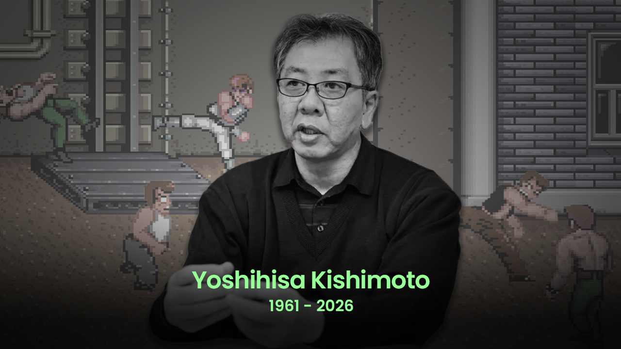 Yoshihisa Kishimoto photo in black and white, in front of a Double Dragon II screenshot with montage adding Renegade characters.